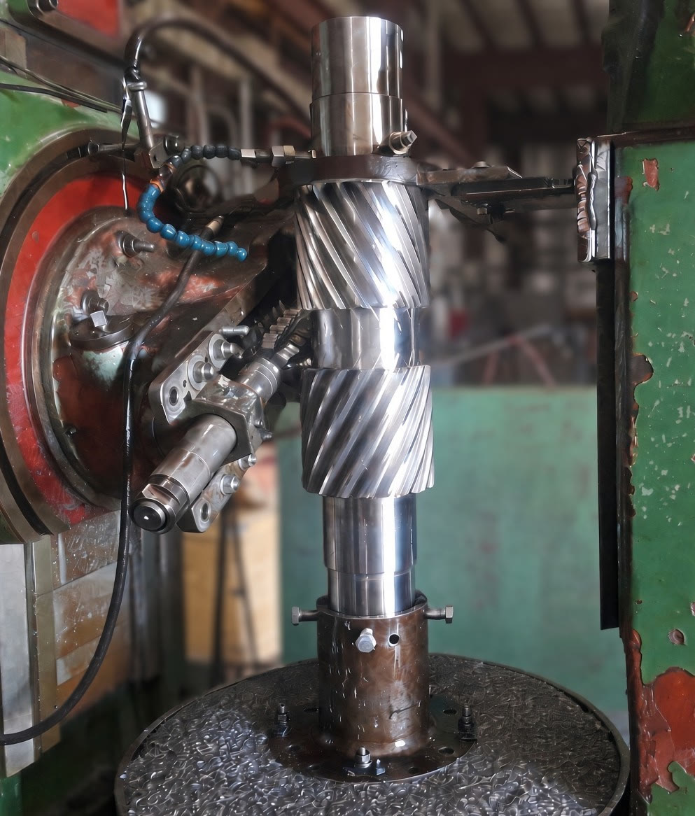 Eje con engrane helicoidal en la máquina talladora de Ram-Gear